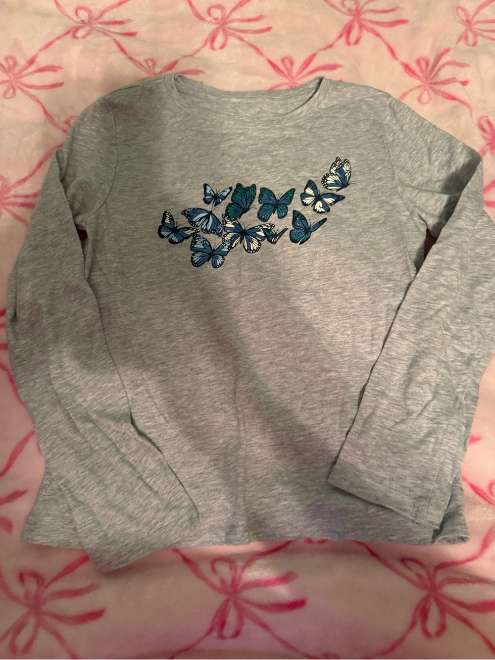 wonder nation Gray Long-Sleeve Tee with Blue Butterfly Print